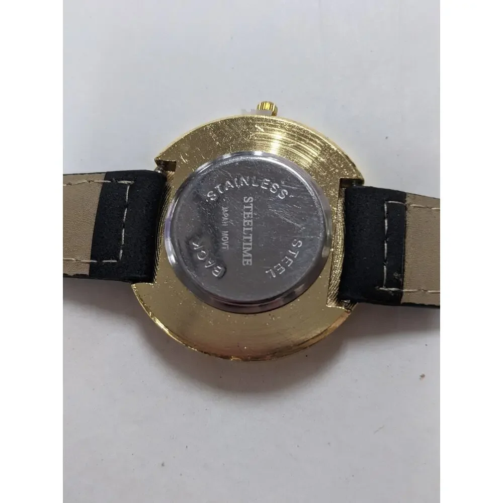Steeltime Wrist Watch Black Faux Leather Loose Crystal Window Dial Roman Numeral